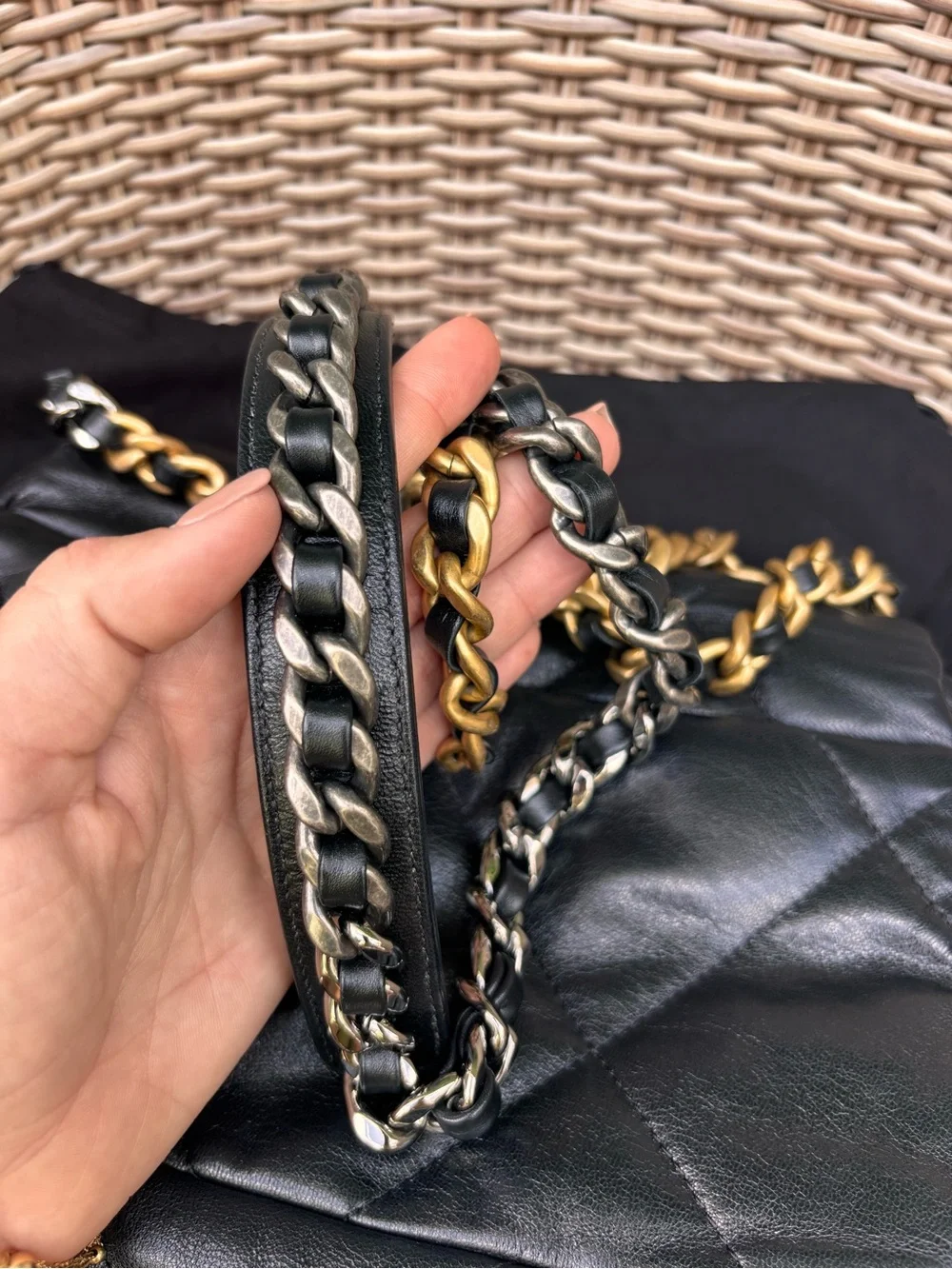 Authentic CHANEL 19 quilted Shiny lambskin gold silver medium crossbody